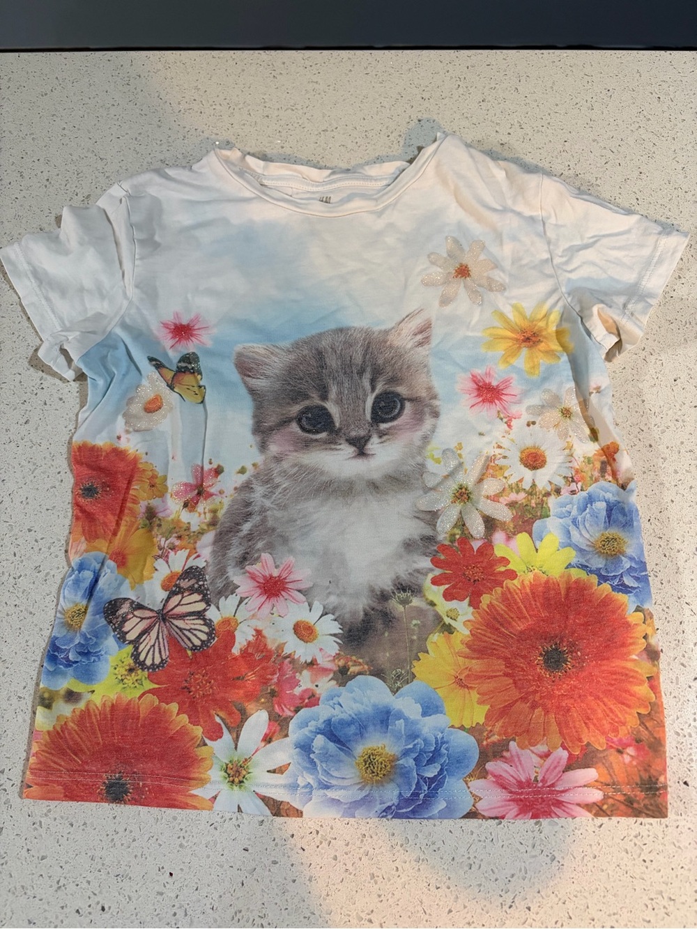 H&M Girls Kitten Floral Butterfly Glitter Tshirt